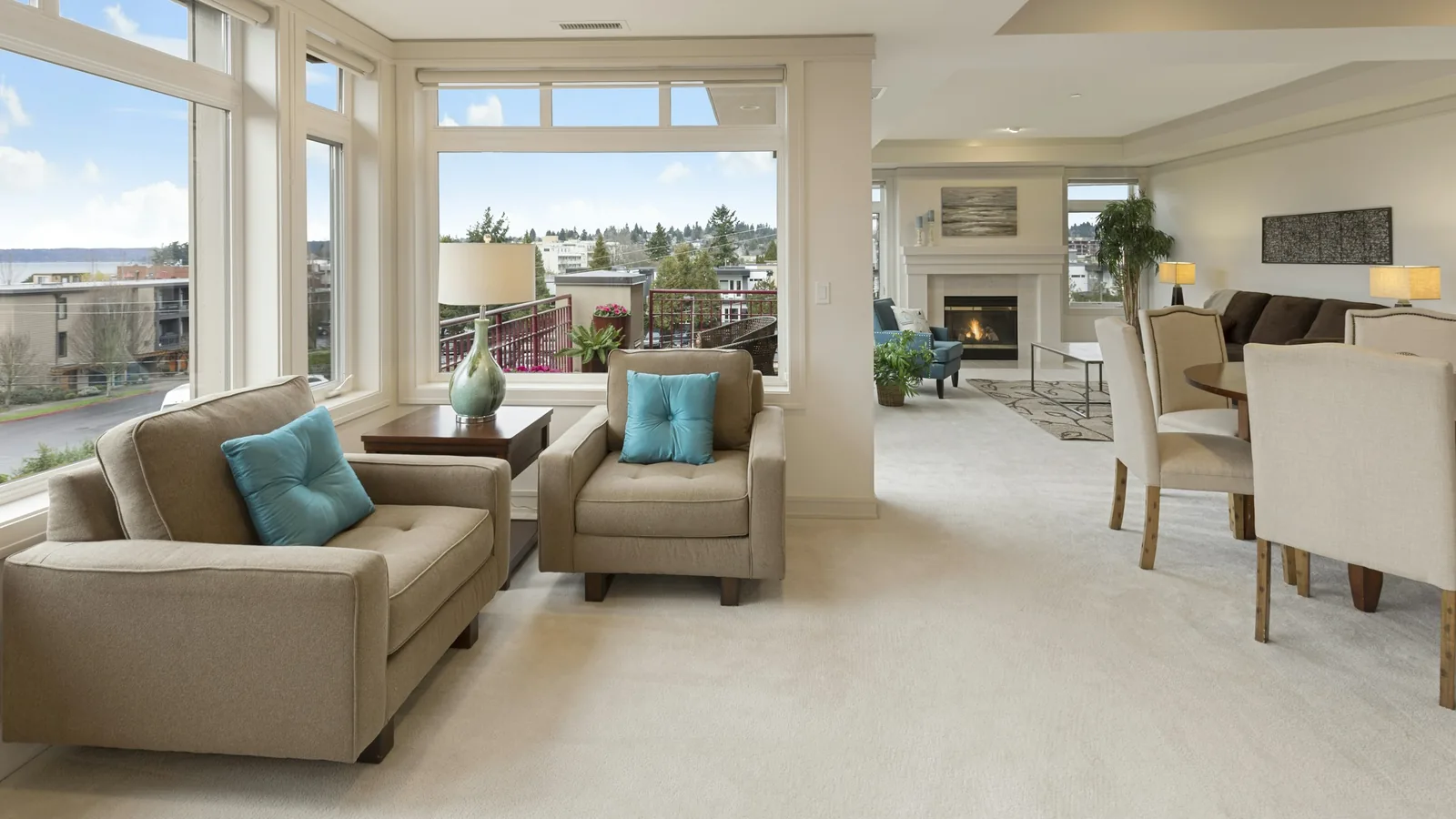 Open-plan living room with neutral furnishings