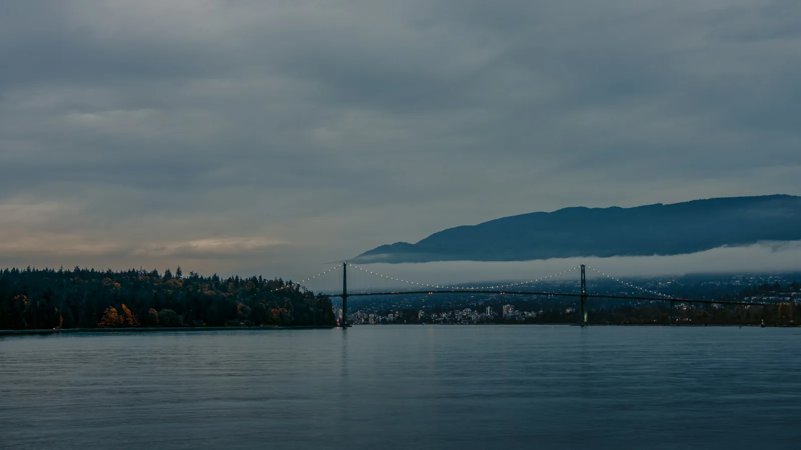 Lions Gate Bridge at dusk from Stanley Park