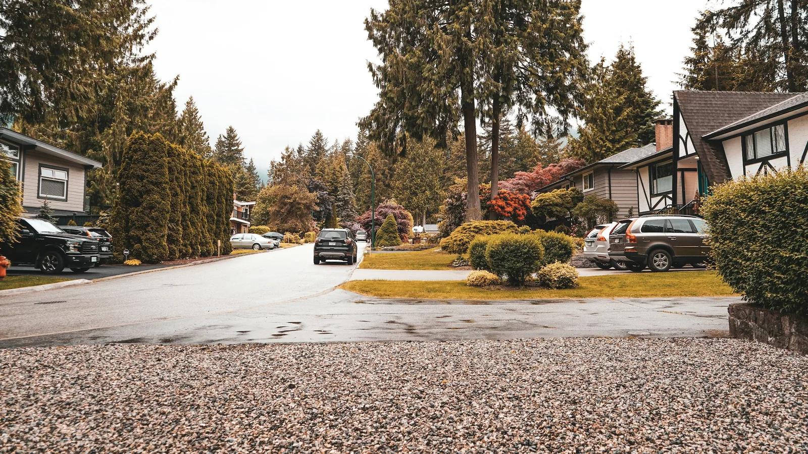 Black car parked near green trees during daytime in Vancouver's North Shore