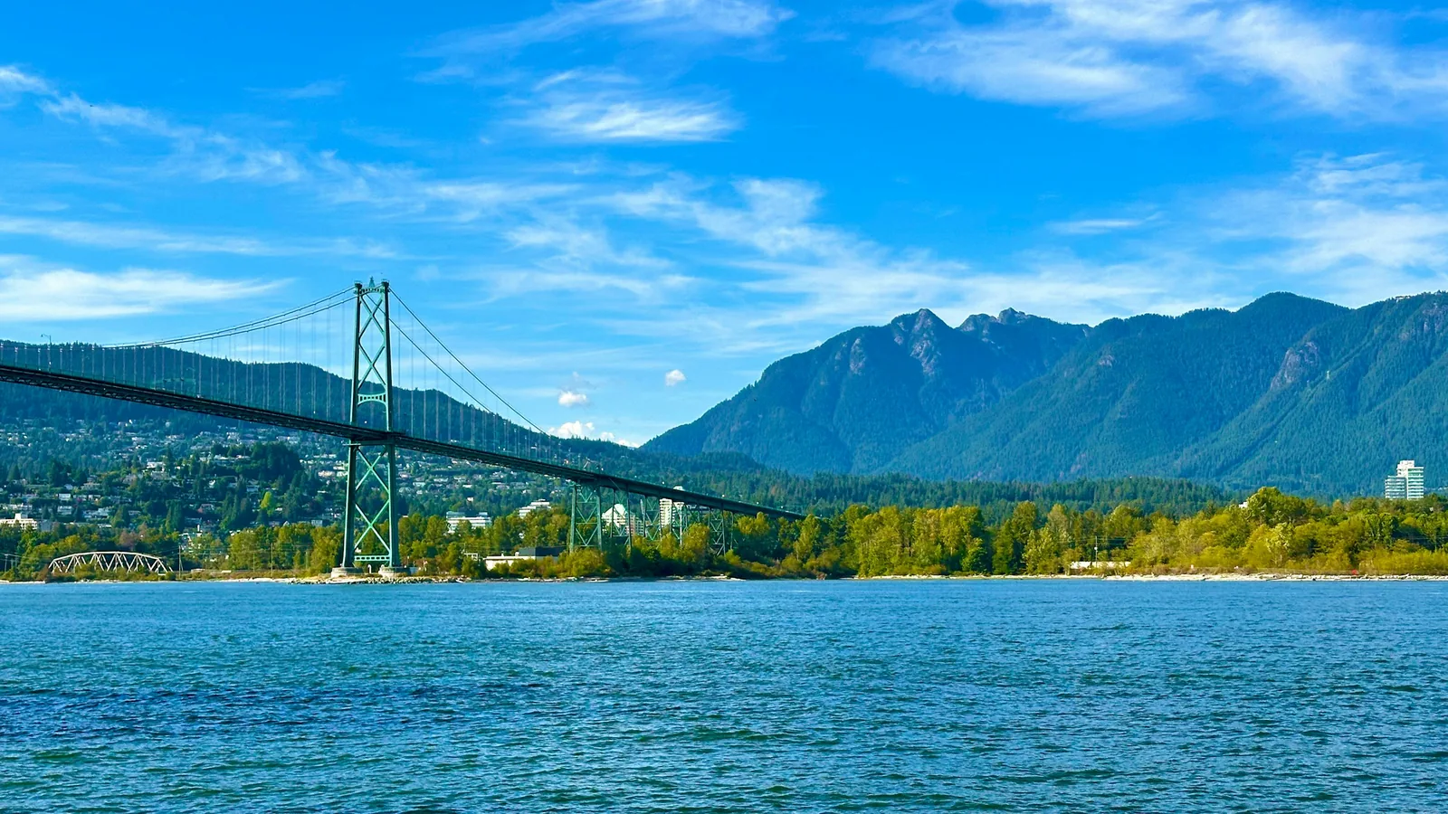 Lions Gate Bridge with the North Shore mountains on a sunny day