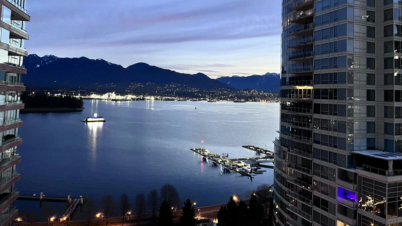 Coal Harbour and the North Shore lights from a downtown condo