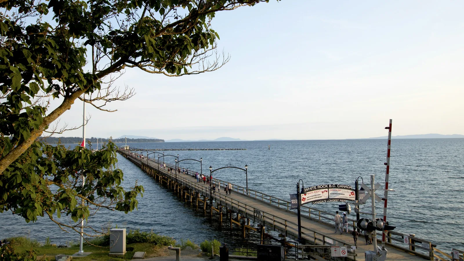 A road with cars on it next to a body of water, the White Rock waterfront