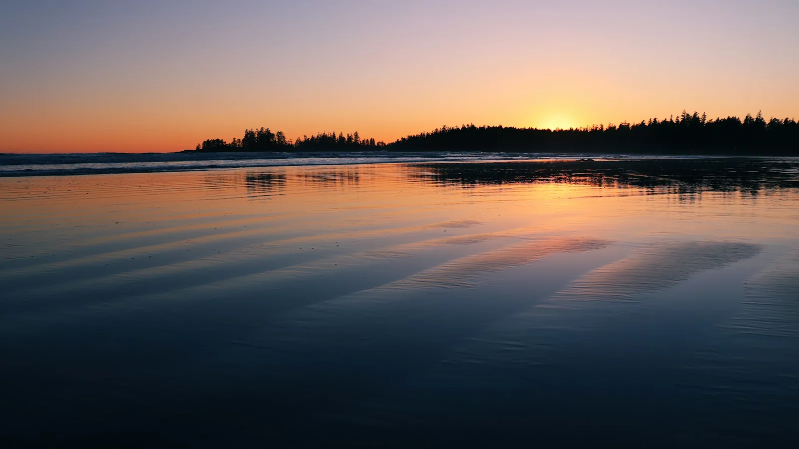 Pacific Northwest beach at sunset with forested headland