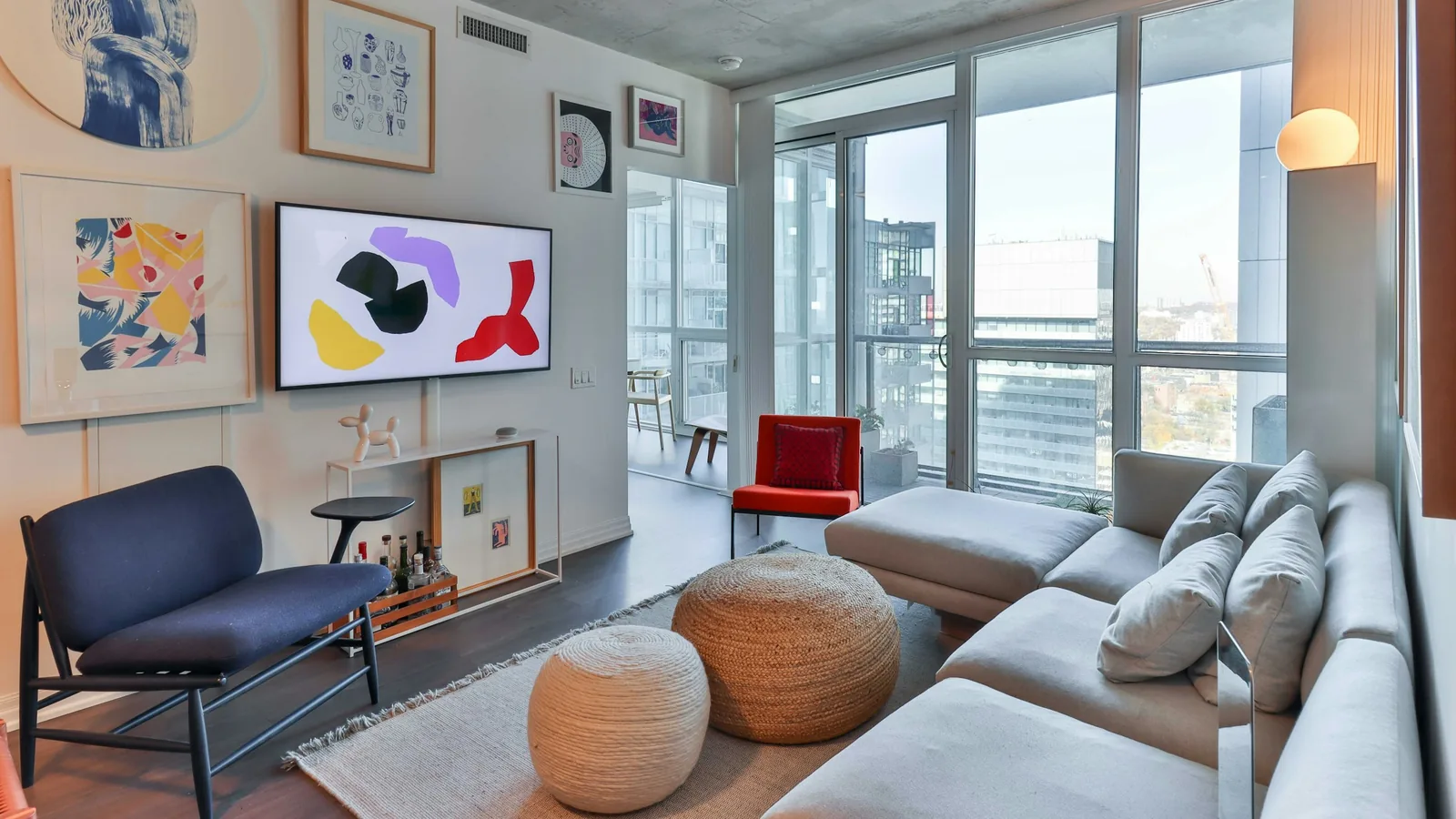 Modern condo living room with city views