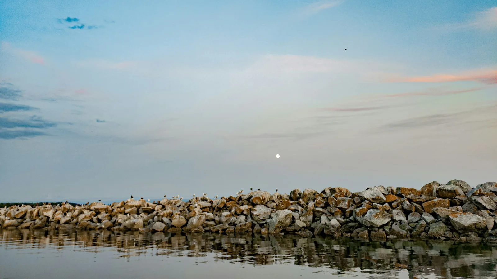 A large body of water with rocks in the foreground, the White Rock waterfront