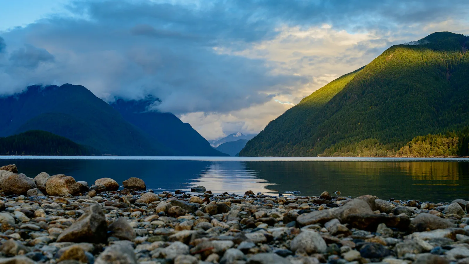 A lake surrounded by mountains under a cloudy sky, Maple Ridge