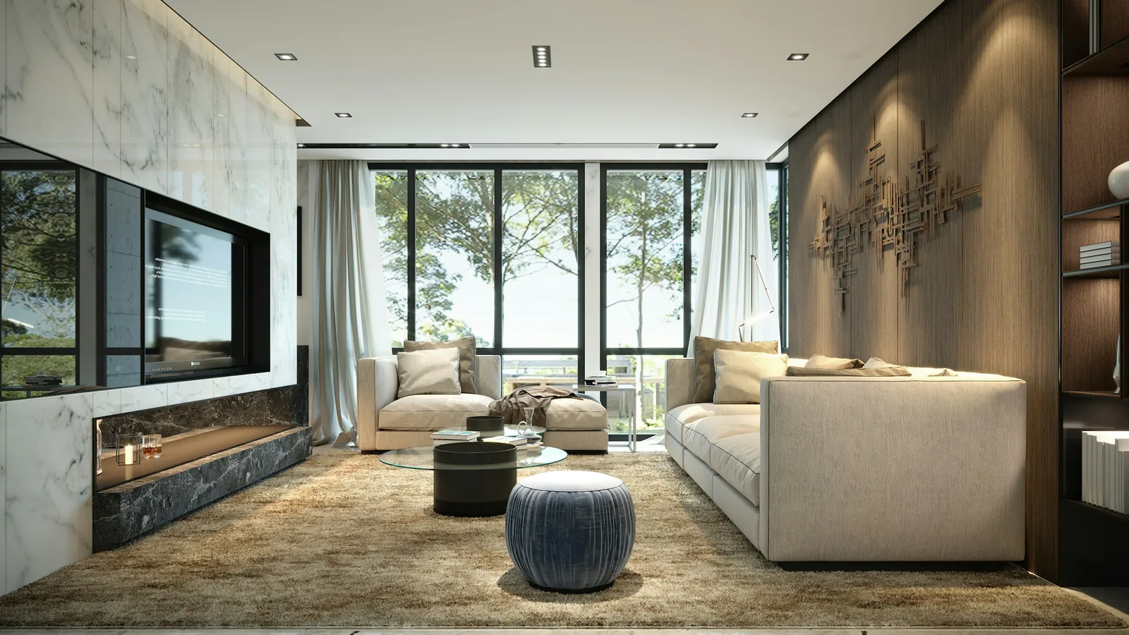 Staged luxury living room with marble feature wall