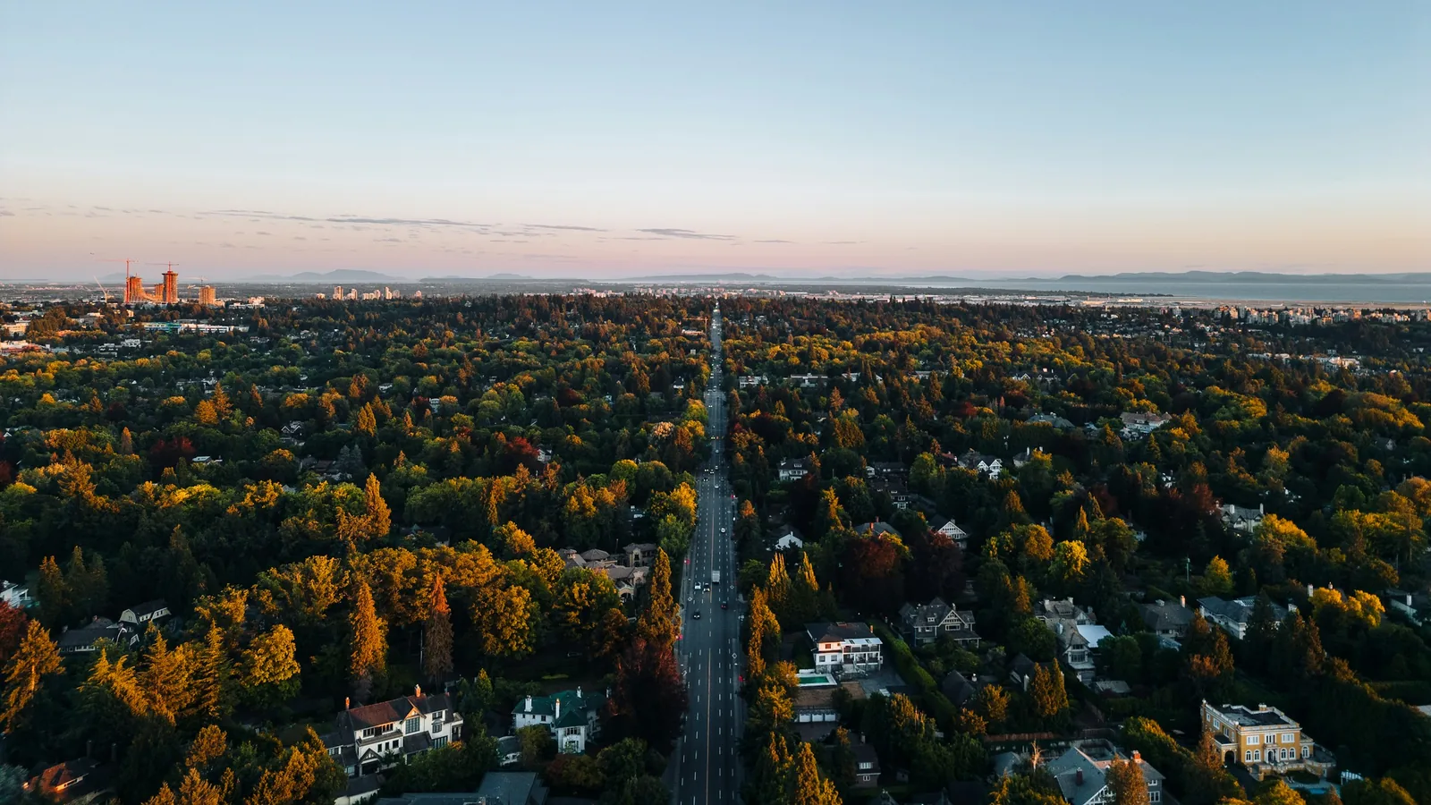 Autumn aerial view over Vancouver neighbourhoods towards downtown