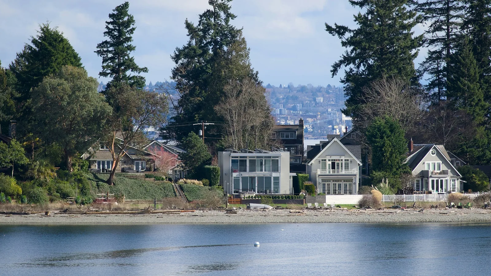 Waterfront homes among tall evergreens on a calm bay