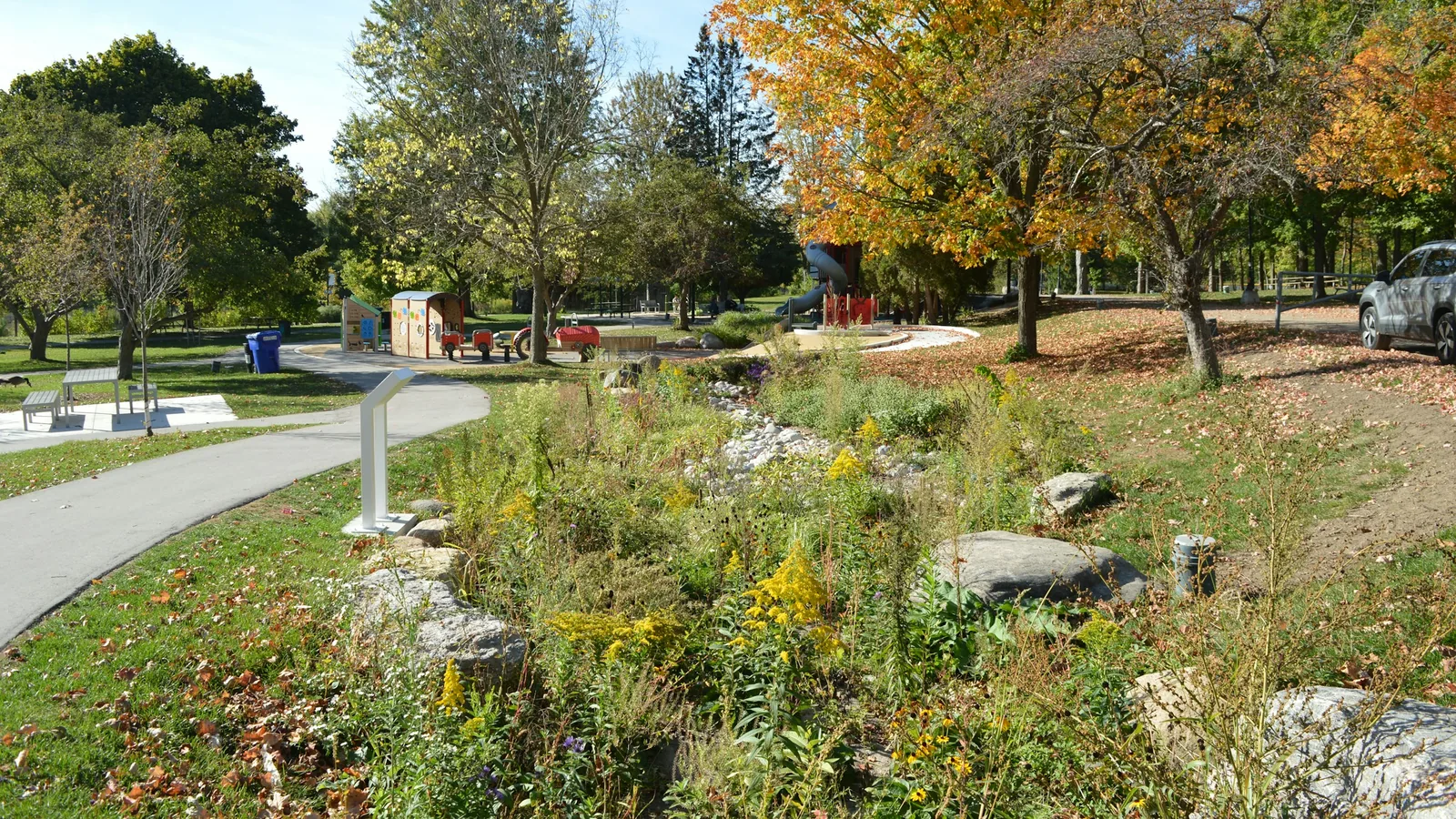 Neighbourhood park path in autumn